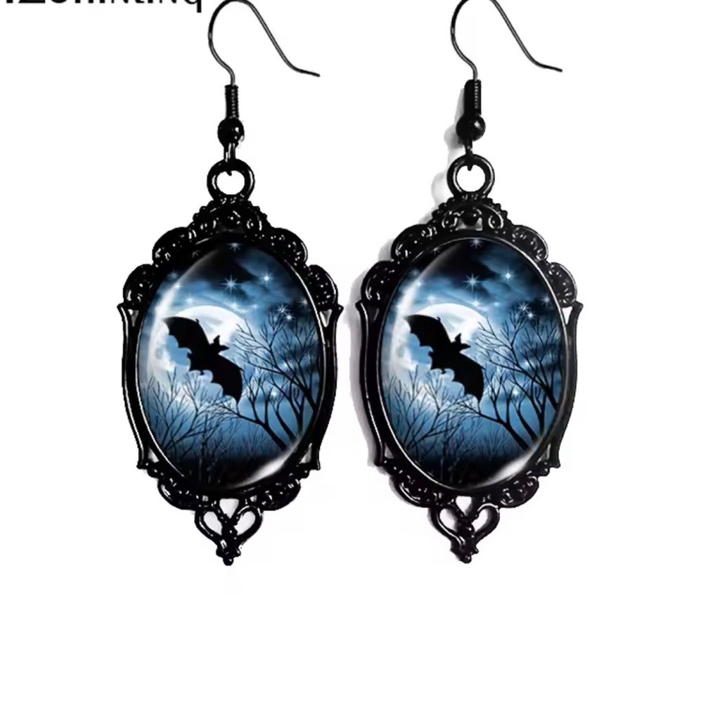 Black Bat Moon Dangle Earrings - Gothic Women Jewelry